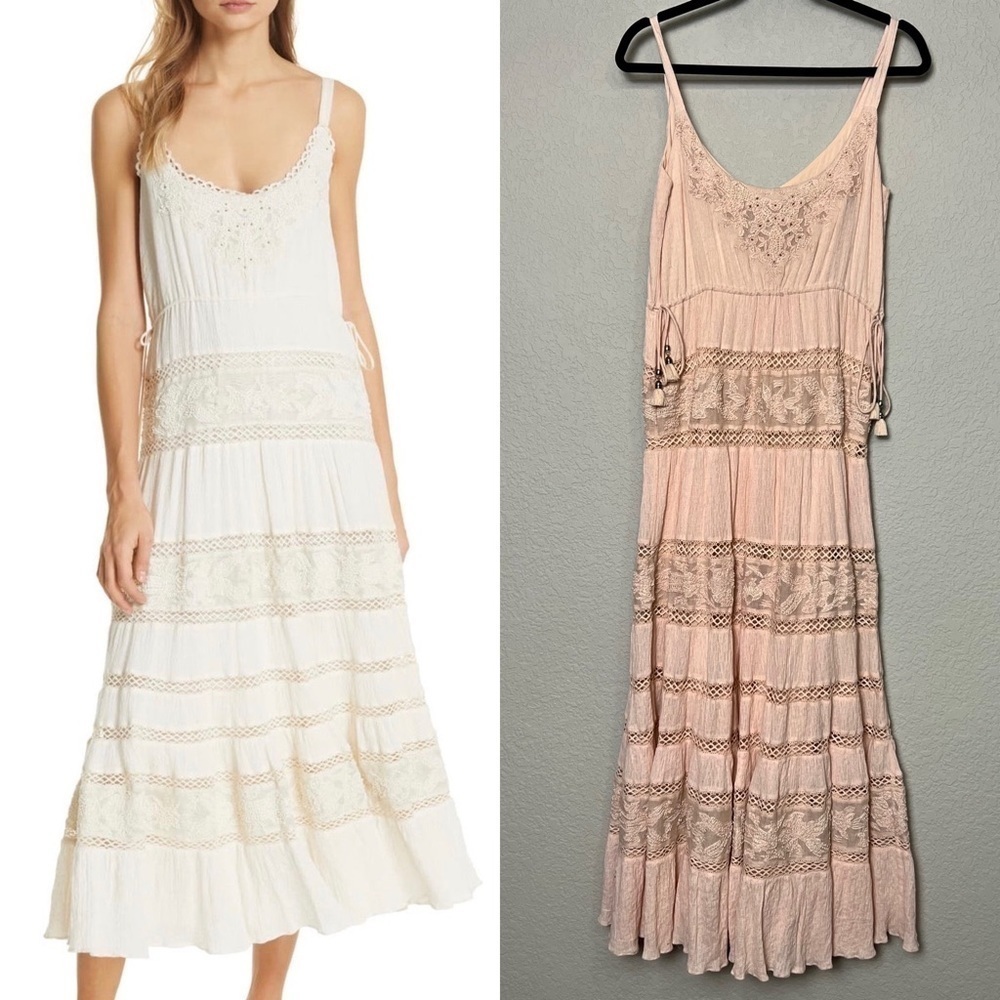 LOVE SAM Tiered Ruffle Beaded Lace Crochet Cinch Waist Sleeveless Maxi Dress S